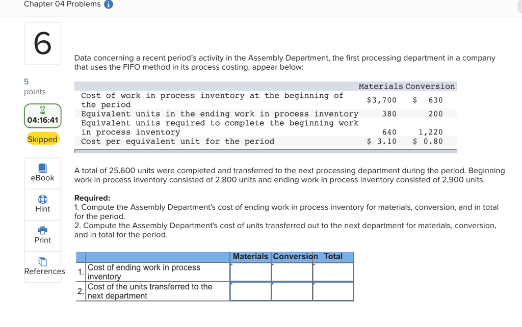 Chapter 04 Problems i 6 Data concerning a recent period's activity