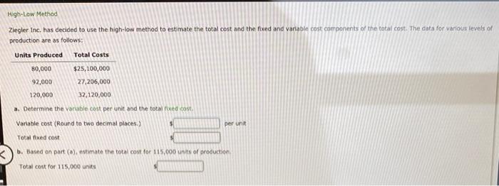  High-Low Method Ziegler Inc. has decided to use the high-low method