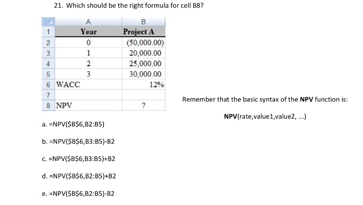  21. Which should be the right formula for cell B8? Year