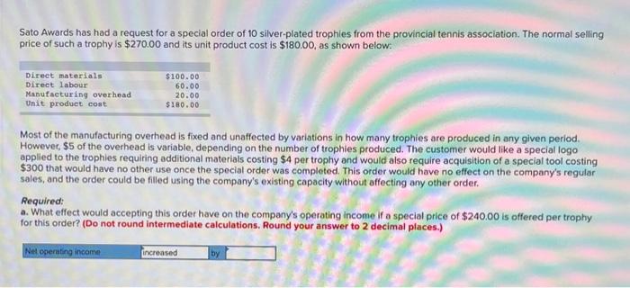  Sato Awards has had a request for a special order of