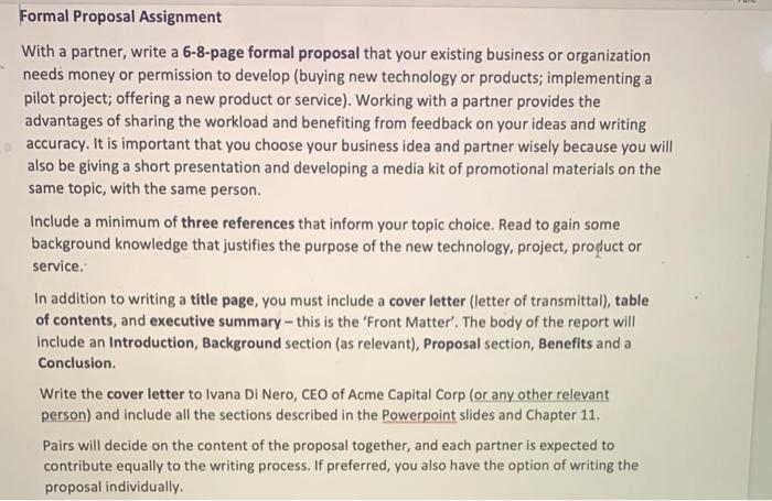  Formal Proposal Assignment With a partner, write a 6-8-page formal proposal