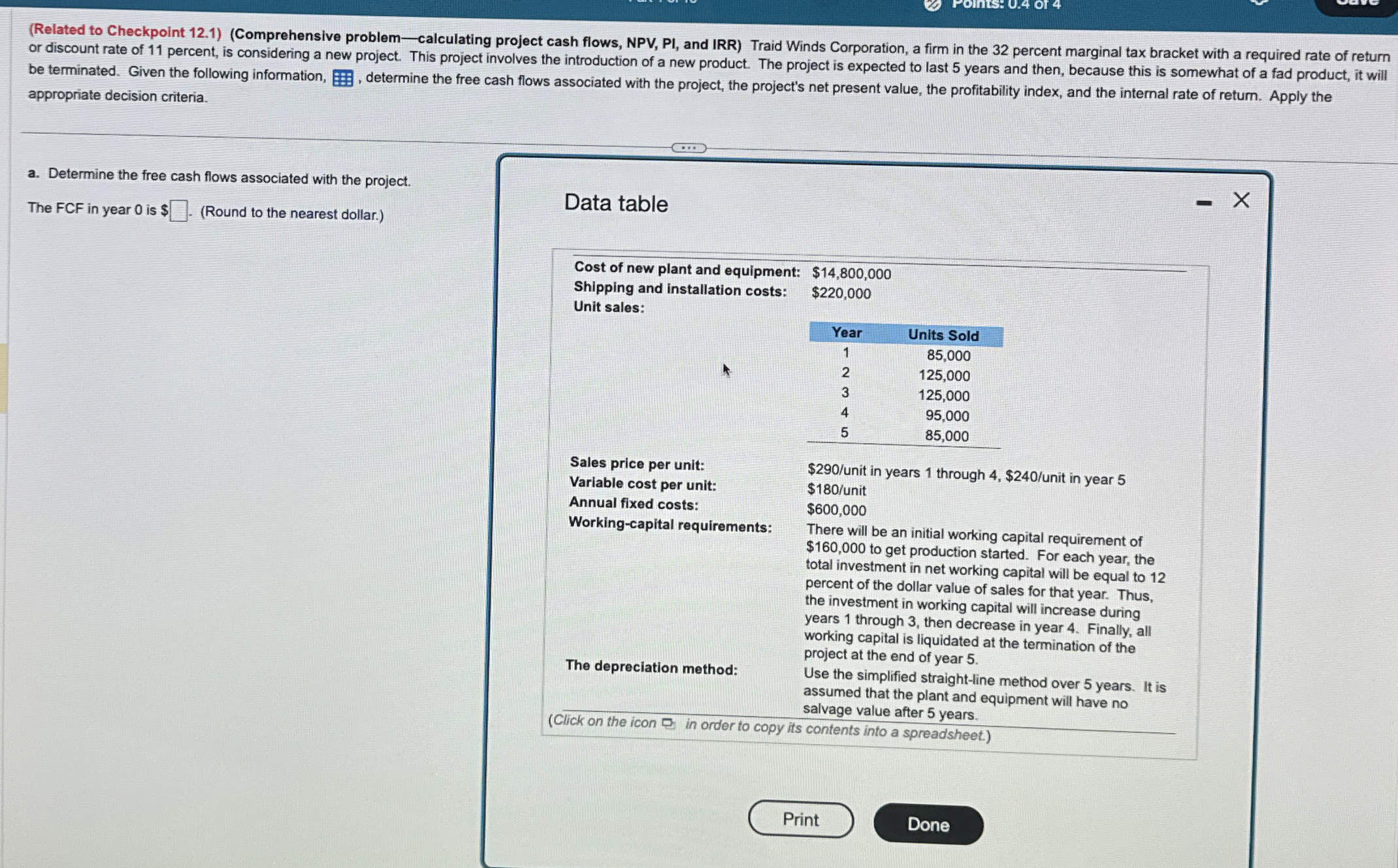  (Related to Checkpoint 12.1)(Comprehensive problem-calculating project cash flows, NPV, PI, and
