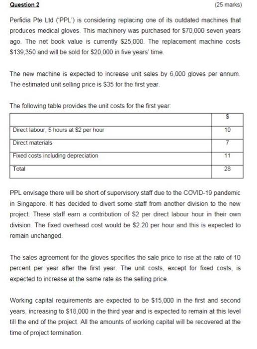  Question 2 (25 marks) Perfidia Pte Ltd ('PPL') is considering replacing