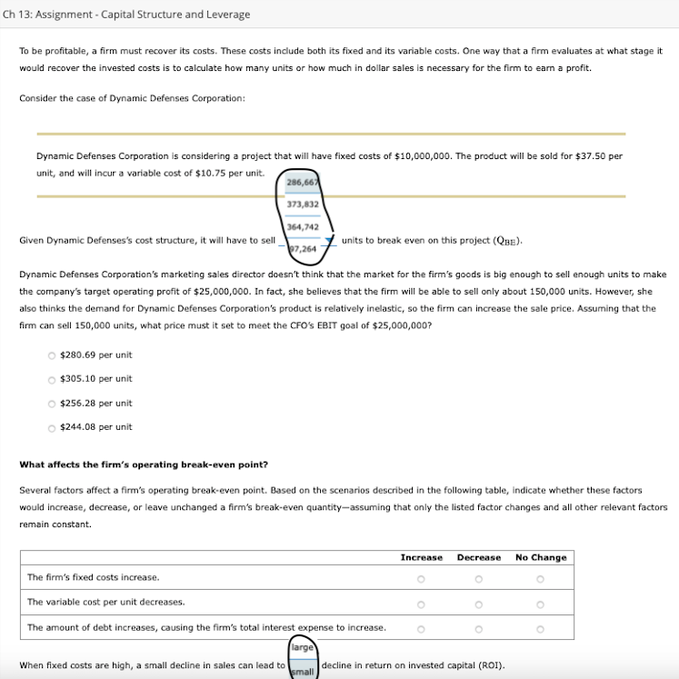  Ch 13: Assignment - Capital Structure and Leverage To be profitable,