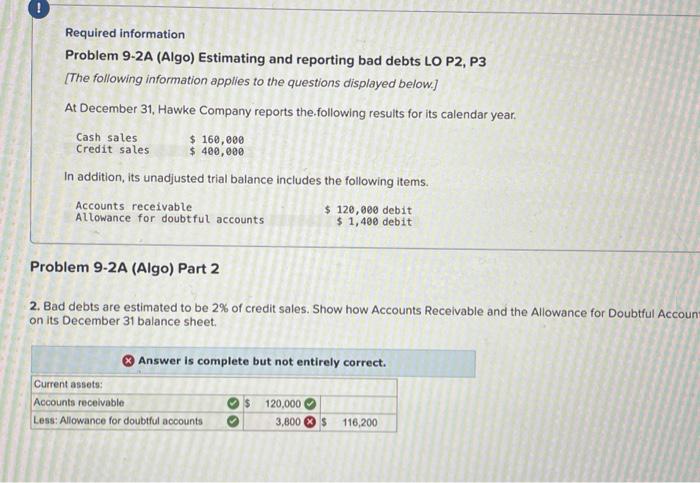  Required information Problem 9-2A (Algo) Estimating and reporting bad debts LO