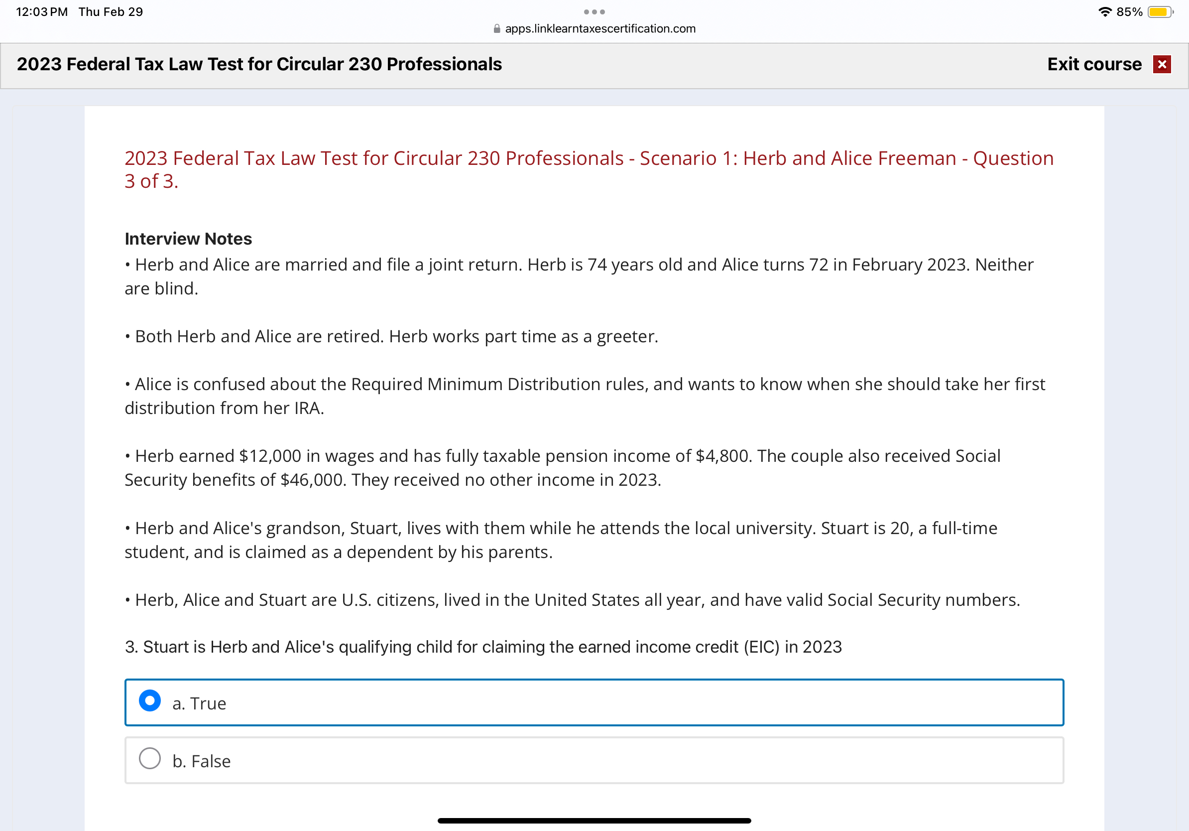  12:03 PM Thu Feb 29 85% apps.linklearntaxescertification.com 2023 Federal Tax Law