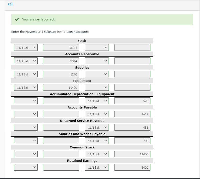  (a) Your answer is correct. Enter the November 1 balances in