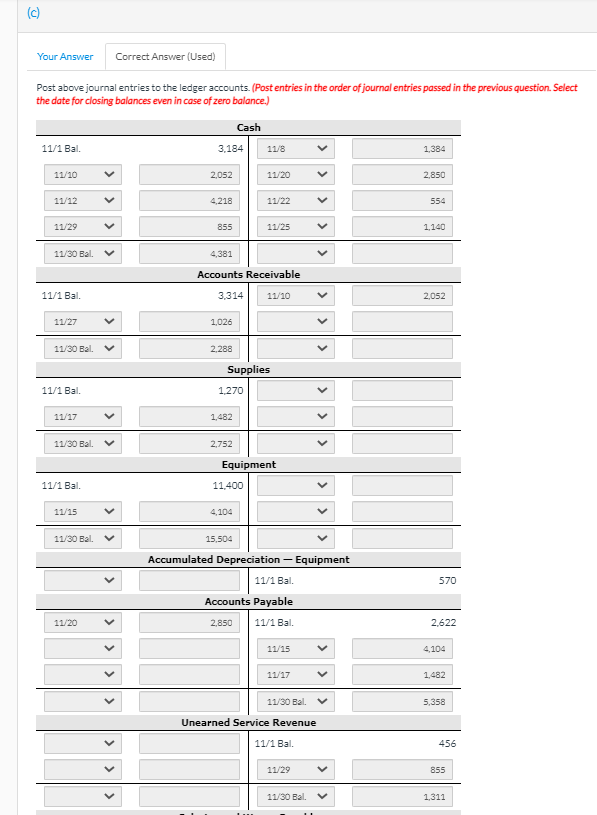 3314 Supplies 11/1 Bal. 1270 11 11/1 Bal. Equipment 11400 Accumulated Depreciation-Equipment