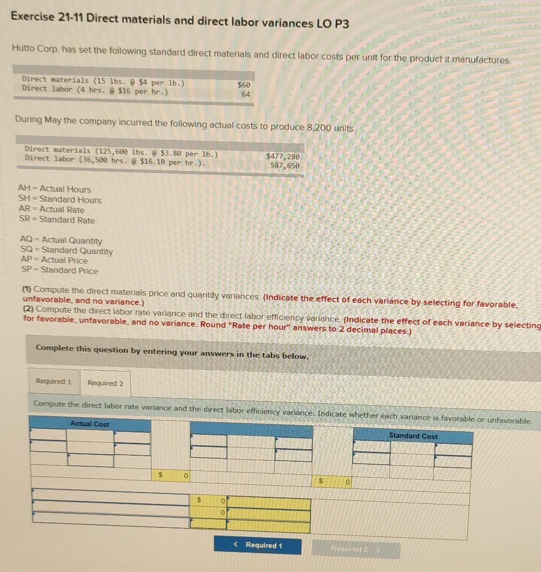 LO P3 Hutto Corp. has set the following standard direct materials and