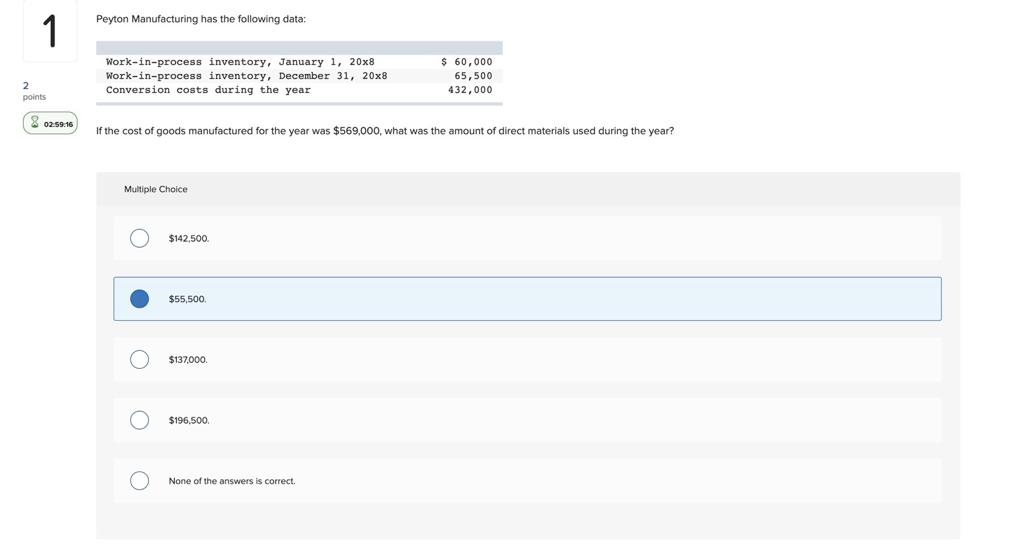  Peyton Manufacturing has the following data: Work-in-process inventory, January 1, 20x8