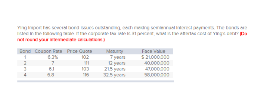  YIng Import has several bond Issues outstanding, each making semlannual Interest