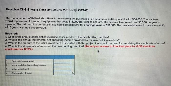  Exercise 12-6 Simple Rate of Return Method [LO12-6) The management of