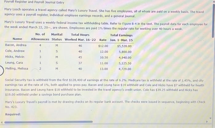  please help :) Payroll Register and Payroll Joumal Entry Mary Losch