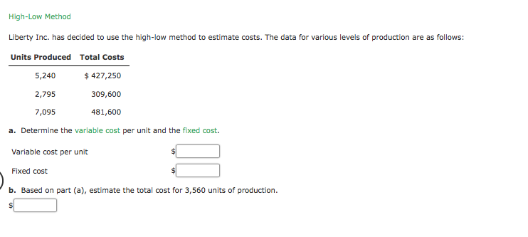  High-Low Method Liberty Inc. has decided to use the high-low method