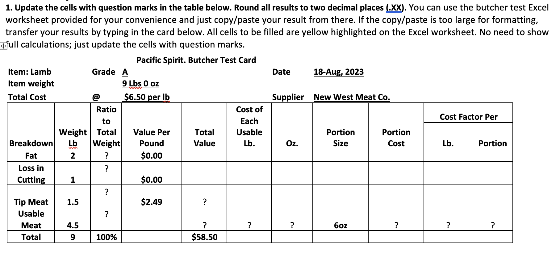  1. Update the cells with question marks in the table below.