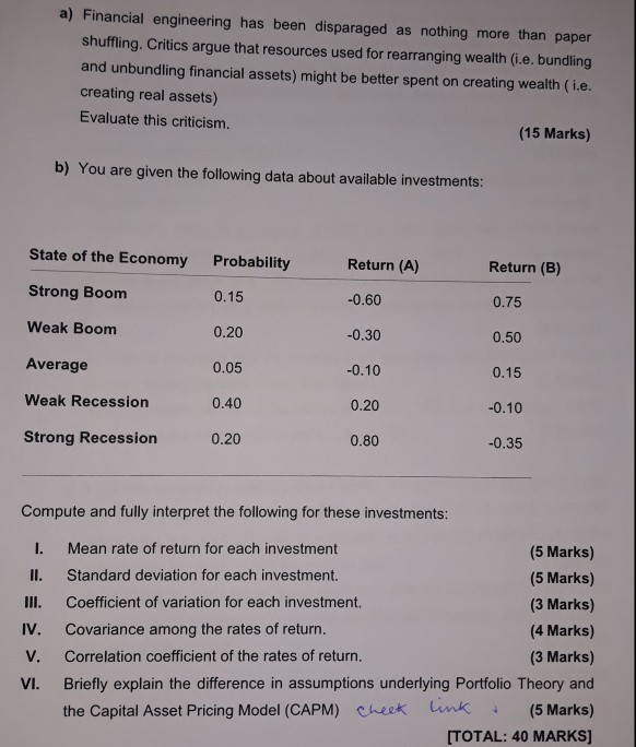  a) Financial engineering has been disparaged as nothing more than paper