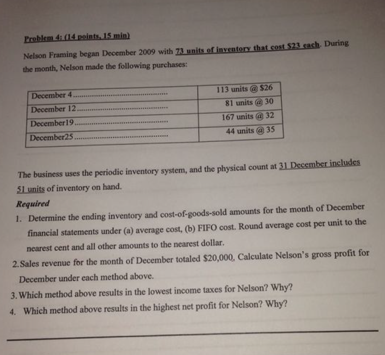 Problem 4: (14 points, 15 min) Nelson Framing began December 2009
