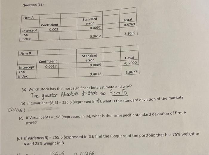  Question (31) (a) Which stock has the most significant beta estimate