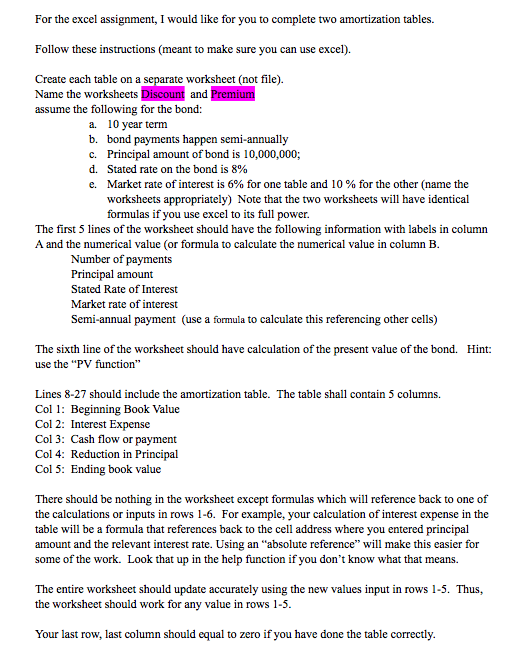For the excel assignment, I would like for you to complete two