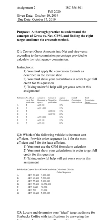  solve this asp ISC 356-501 Assignment 2 Fall 2020 Given Date: