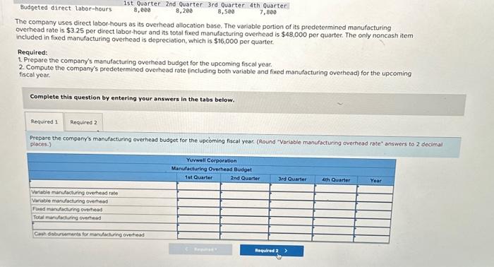  The company uses direct labor-hours as its overhead allocation base. The