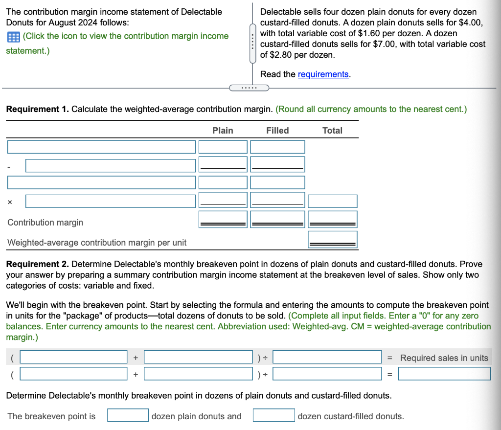 The contribution margin income statement of Delectable Donuts for August 2024