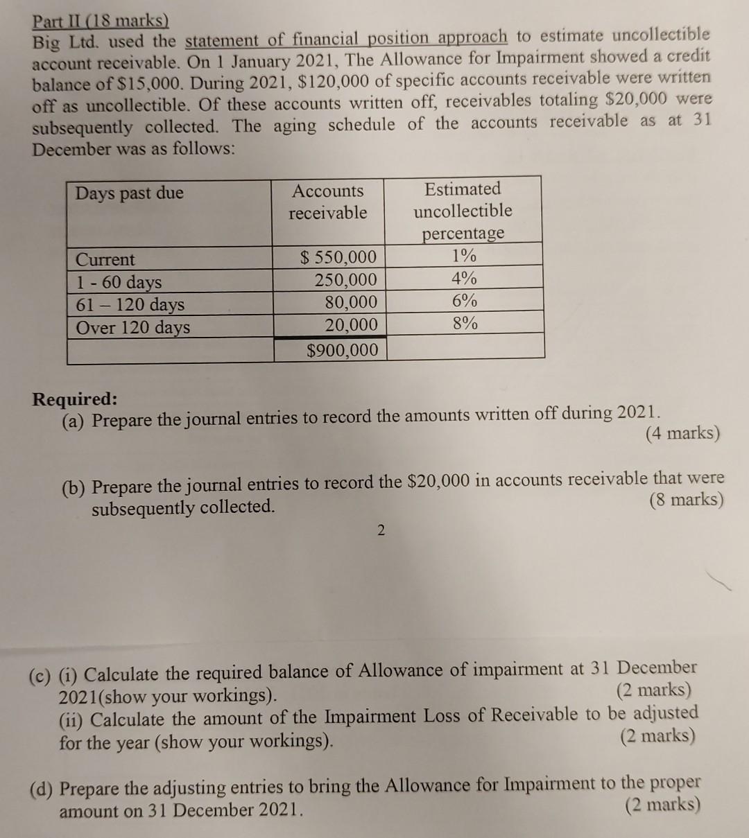 May you help me? Part II (18 marks) Big Ltd. used