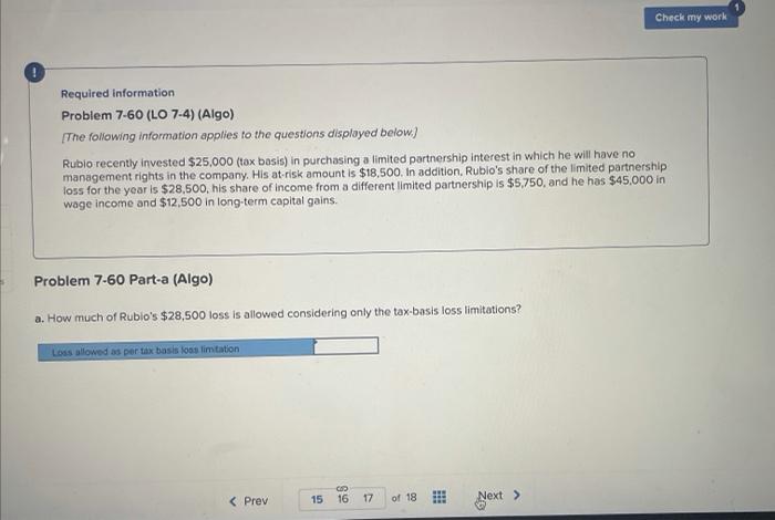  Check my work Required information Problem 7-60 (LO 7-4) (Algo) The