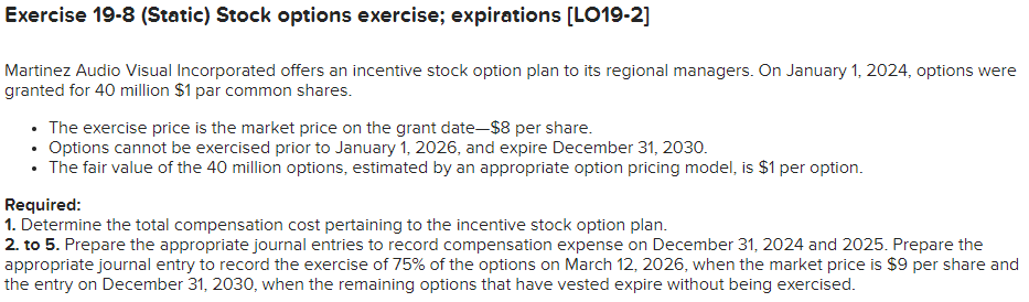 Exercise 19-8 (Static) Stock options exercise; expirations [LO19-2] Martinez Audio Visual