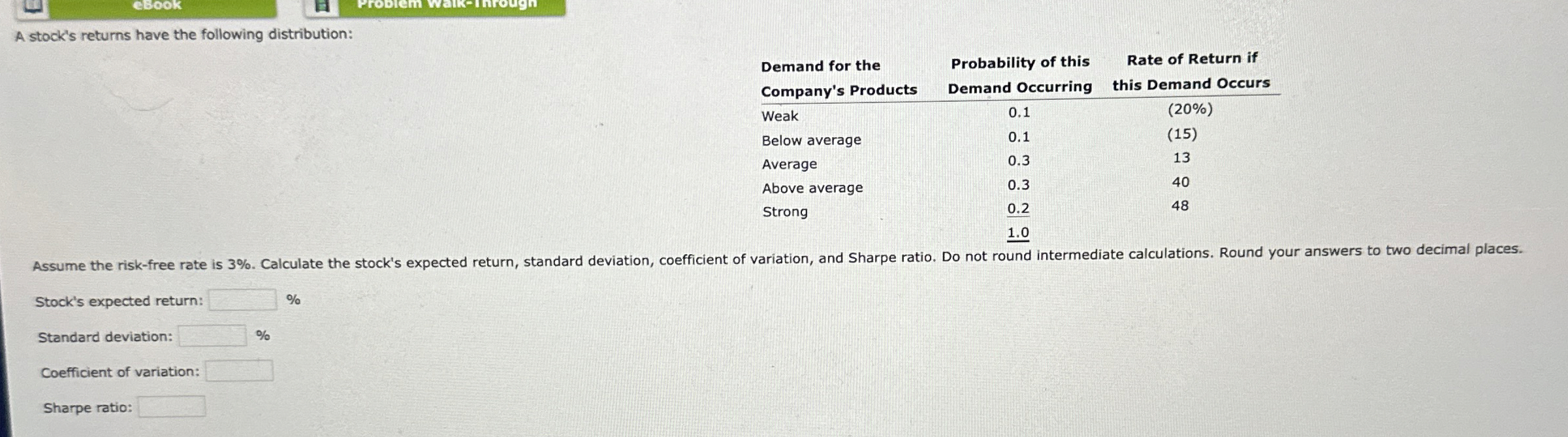  A stock's returns have the following distribution: \table[[Demand for the,\table[[Probability of
