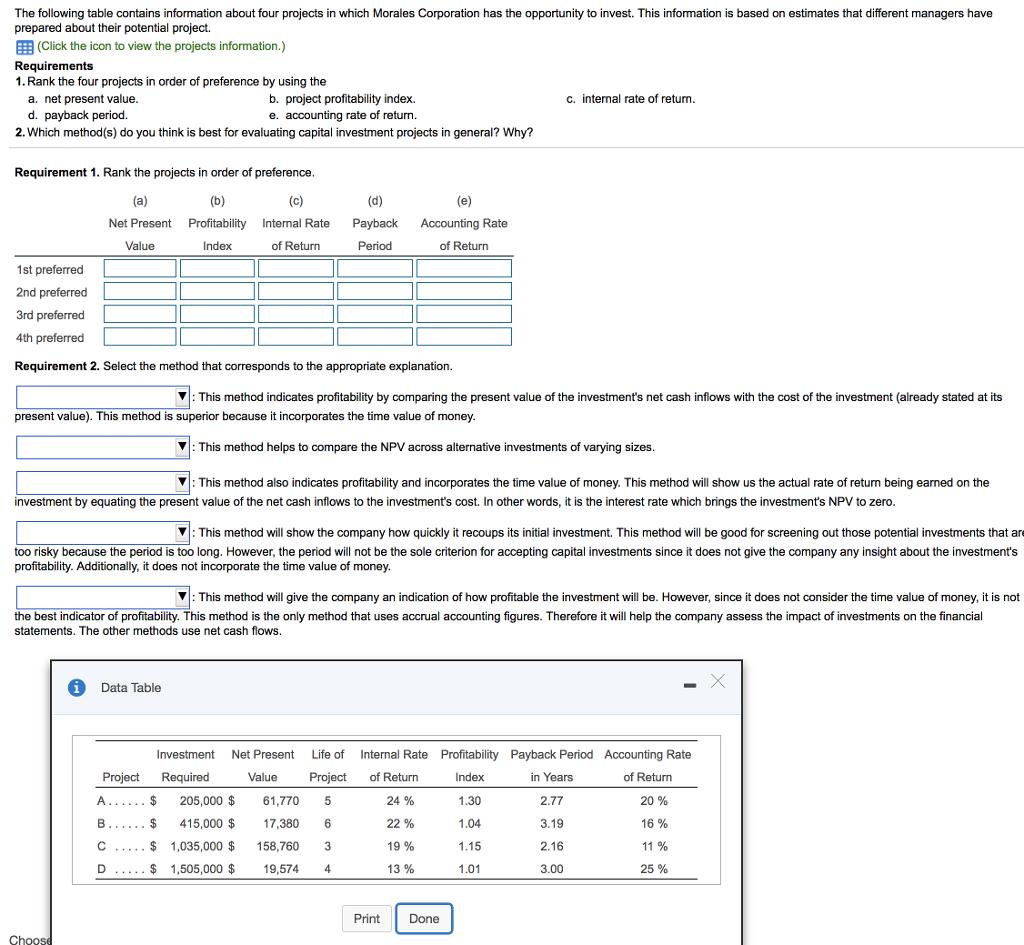 The following table contains information about four projects in which Morales