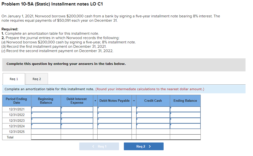 Problem 10-5A (Static) Installment notes LO C1 On January 1, 2021,