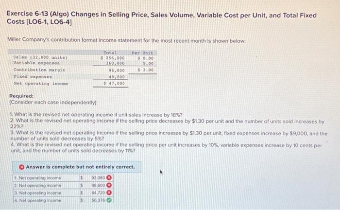  Exercise 6-13 (Algo) Changes in Selling Price, Sales Volume, Variable Cost