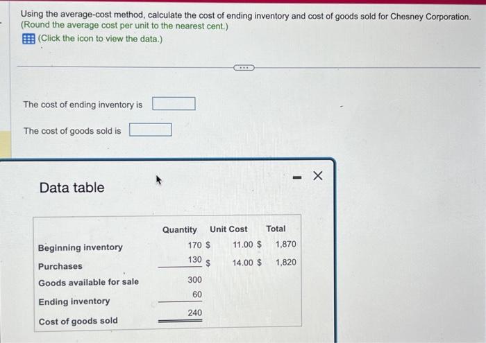  Using the average-cost method, calculate the cost of ending inventory and