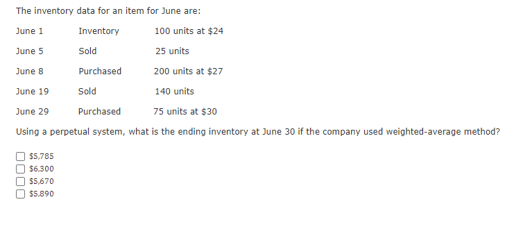 The inventory data for an item for June are: June 1