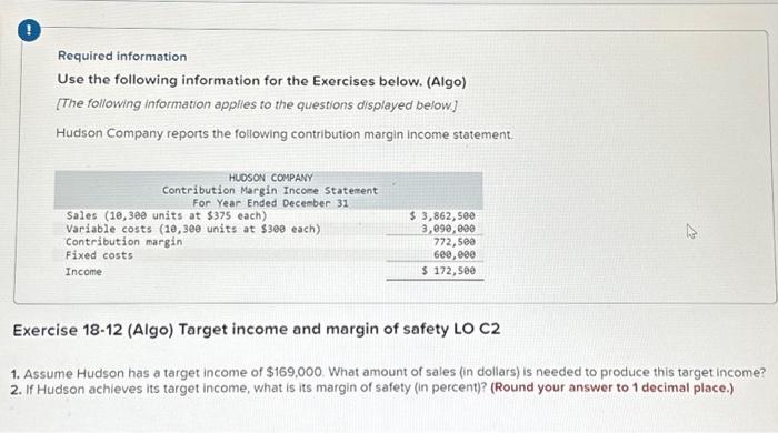 Required information Use the following information for the Exercises below. (Algo)