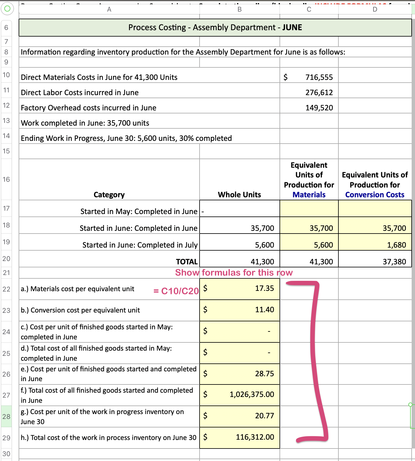 Please only give me the formulas needed to get the answers for