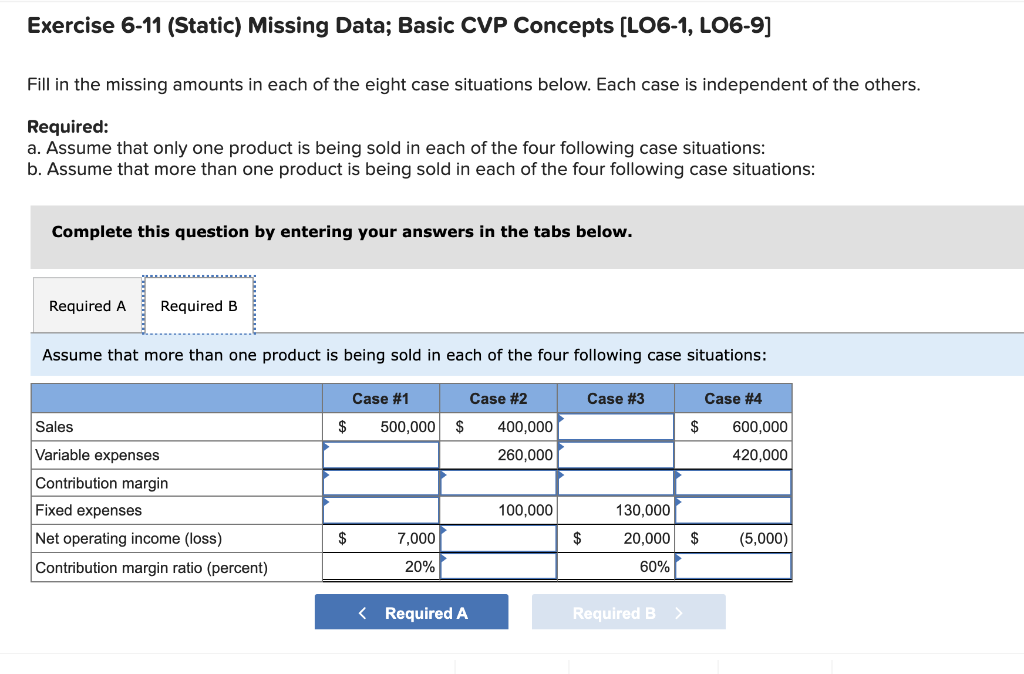 in the missing amounts in each of the eight case situations below.