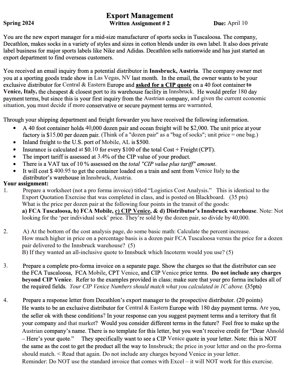  Export Management Spring 2024 Written Assignment # 2 Due: April 10