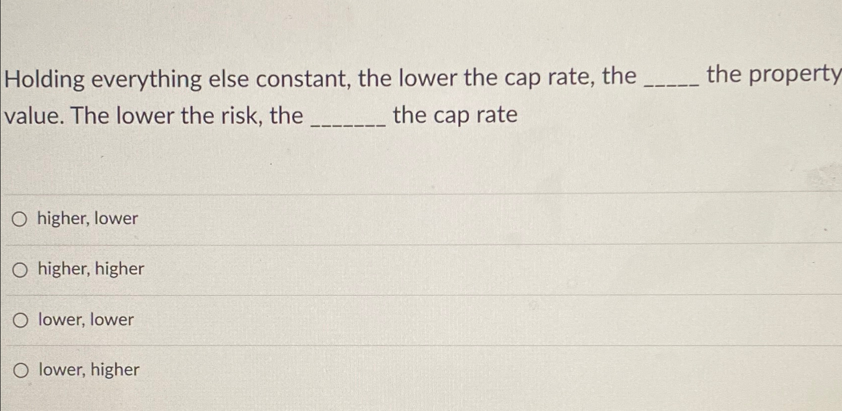 Holding everything else constant, the lower the cap rate, the the