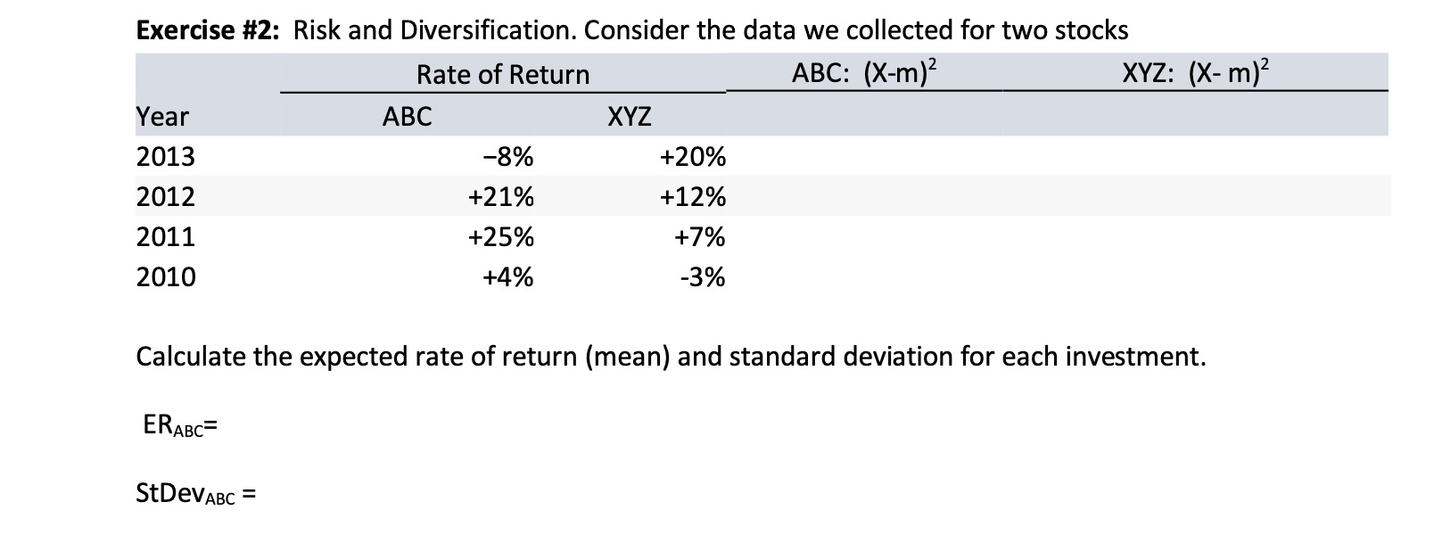  Exercise #2: Risk and Diversification. Consider the data we collected for