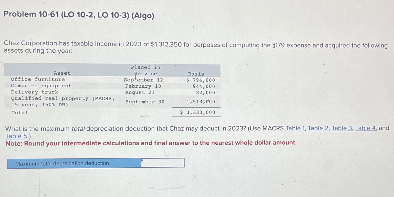  Problem 10-61(LO 10-2, LO 10-3)(Algo) Chaz Corporation has taxable income in