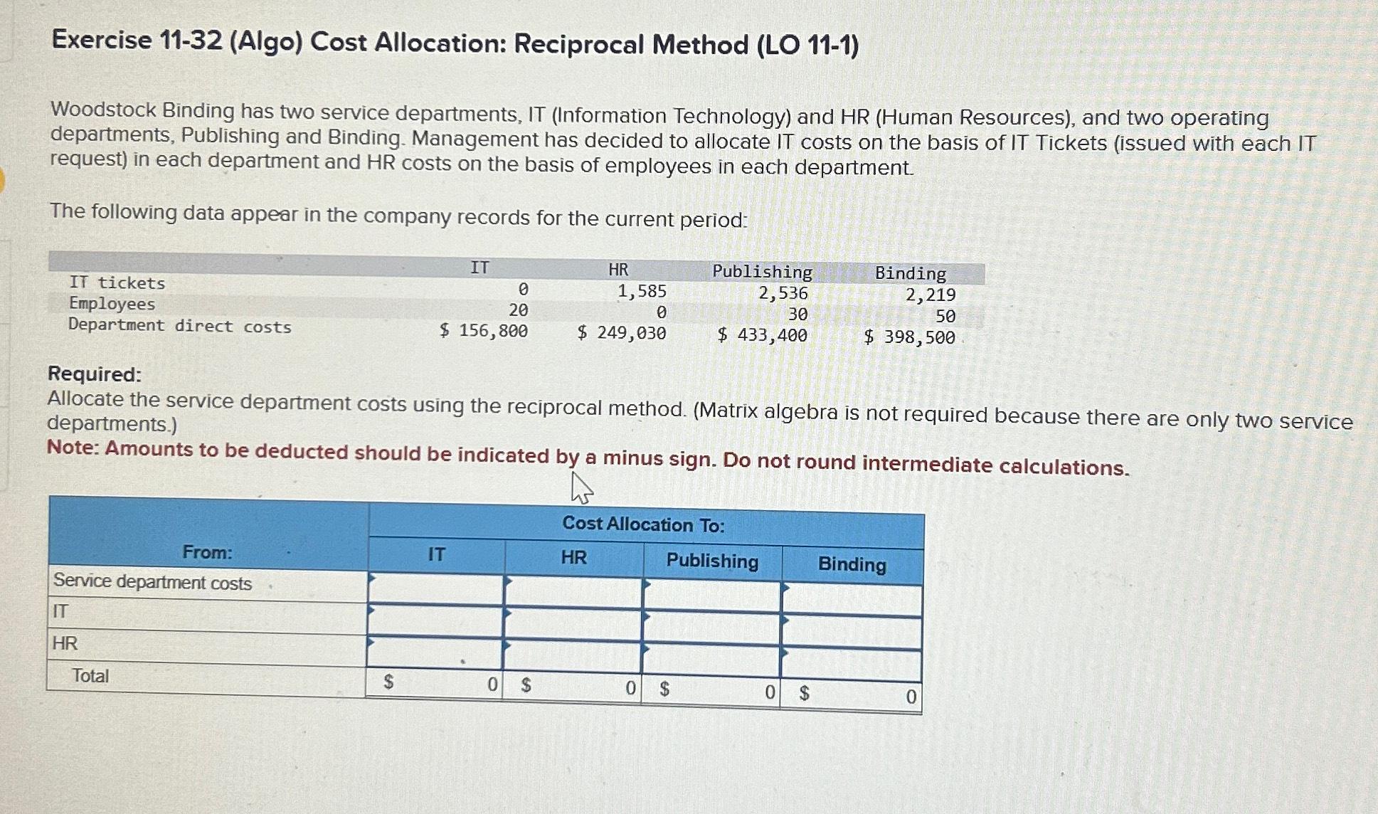  Exercise 11-32(Algo) Cost Allocation: Reciprocal Method (LO 11-1) Woodstock Binding has