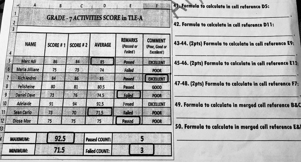 A B D 41. Formula to calculate in cell reference D5: