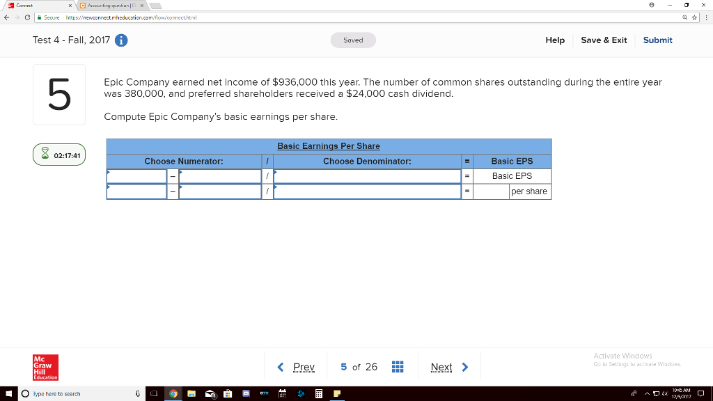  Connect CSecure httpnewconnectmheducstion.com/fow/connect.htm Test 4 - Fall, 2017 Help Save &