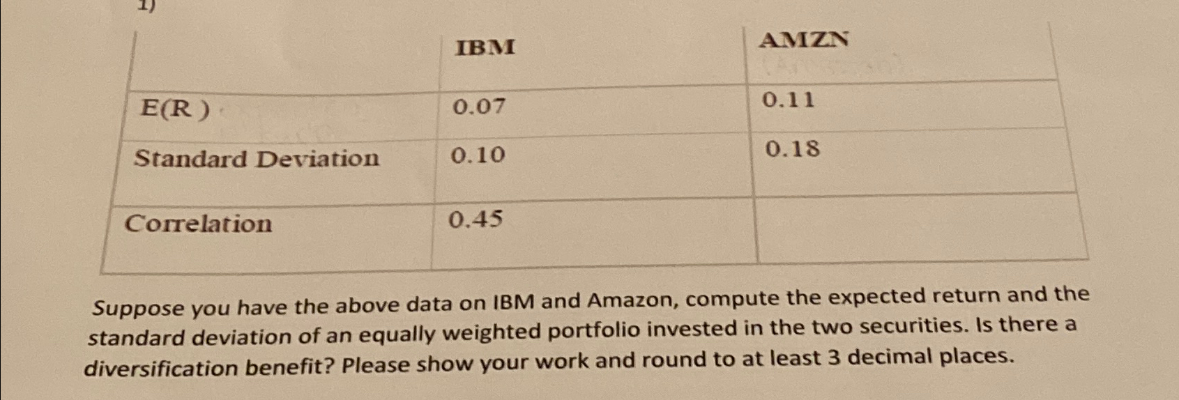  \table[[,IBM,AMZN],[E(R),0.07,0.11],[Standard Deviation,0.10,0.18],[Correlation,0.45,]] Suppose you have the above data on IBM and
