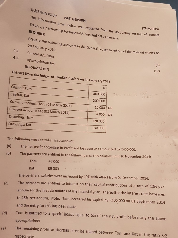  QUESTION FOUR PARTNERSHIPS The information given below was extracted from the