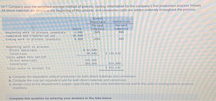  Compute the cost per equivalent unit for both direct materials and