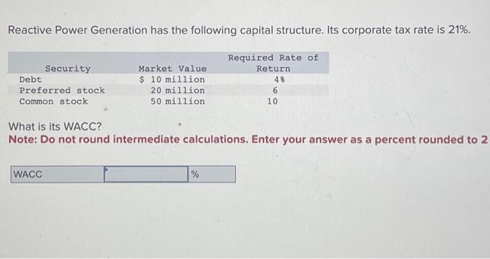 help!! Reactive Power Generation has the following capital structure. Its corporate tax