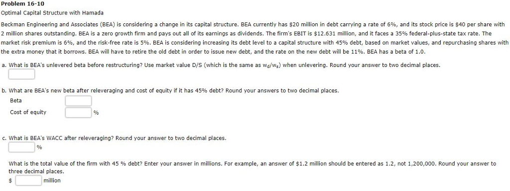  Problem 16-10 Optimal Capital Structure with Hamada Beckman Engineering and Associates